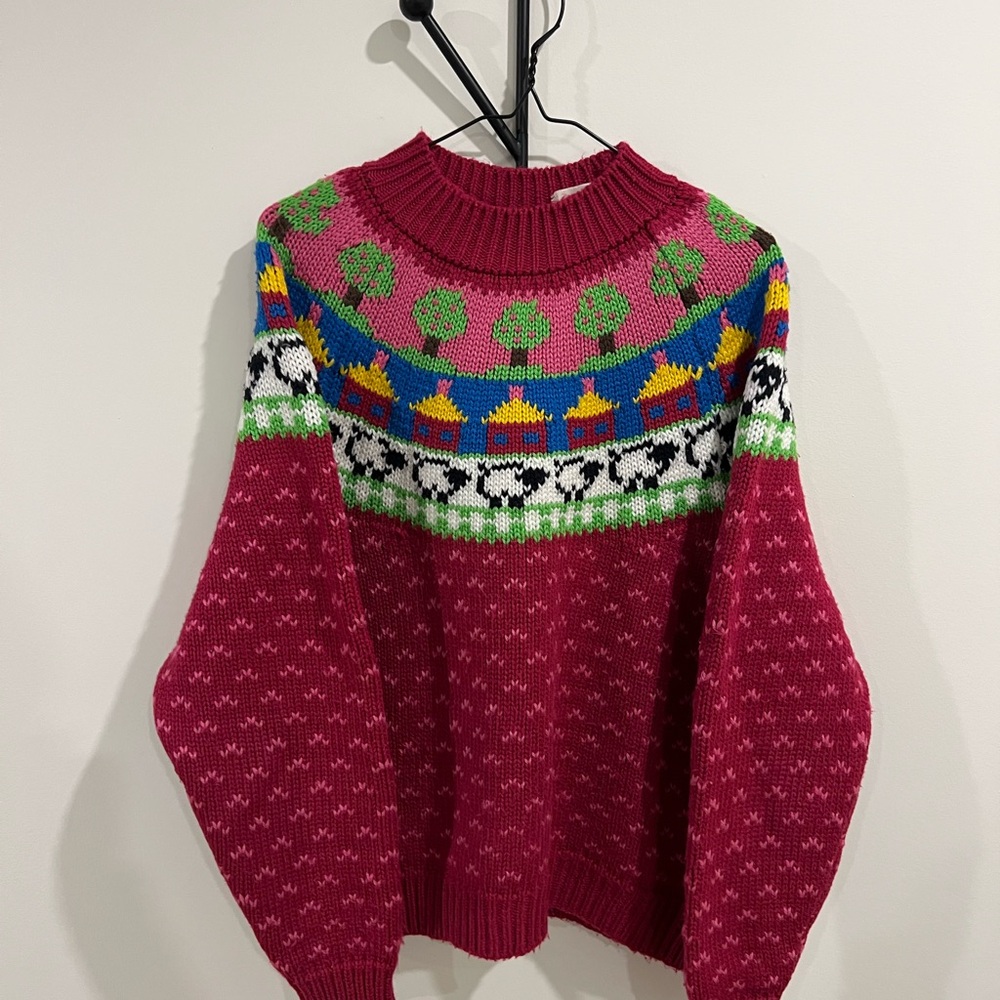Vintage Fair Isle Women's Crew Neck Sweater with Trees and Sheep Pink Colourful - Picture 3 of 5